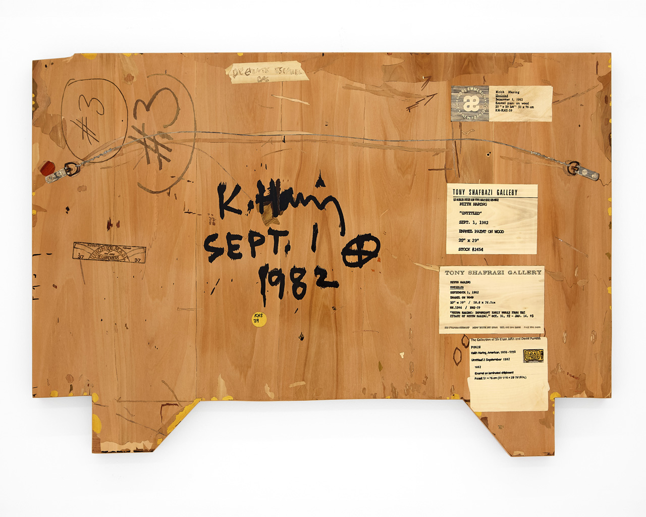 Michael Bühler-Rose, Verso (Keith Haring, Untitled, 1982), 2026, Wood Intarsia/Inlay: Kadga, Kadyakshe, Aale, Dark Champa and Orange Fruit Woods, 50.8 x 50.8 x 2.5 cm | 20 x 20 x 1 in , © Michael Bühler-Rose, Courtesy the artist and George Benias Gallery