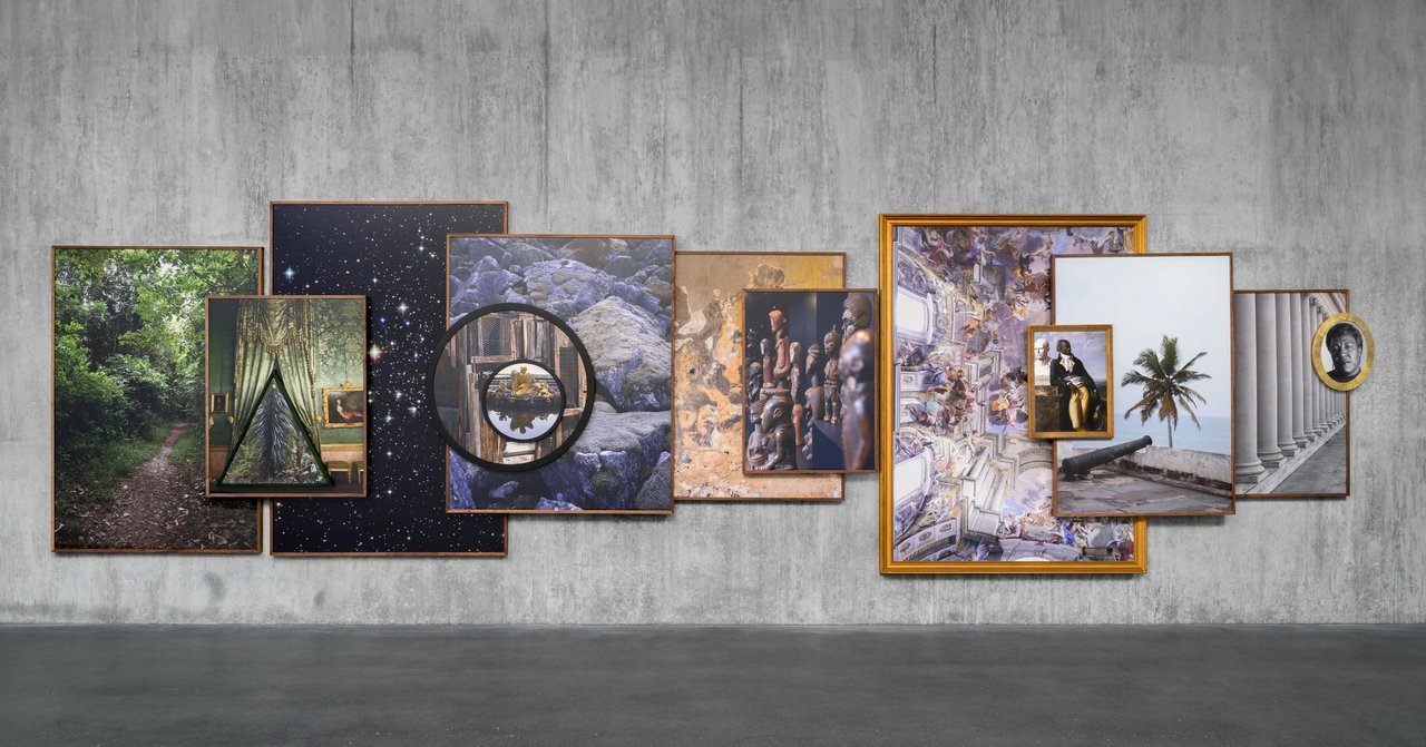 Todd Gray, Sumptuous Memories of Plundering Kings, 2021, Fourteen archival pigment prints with UV laminate in artist's frames, 84 5/8 x 345 x 7 inches, © Todd Gray, Courtesy the artist and Perrotin Gallery