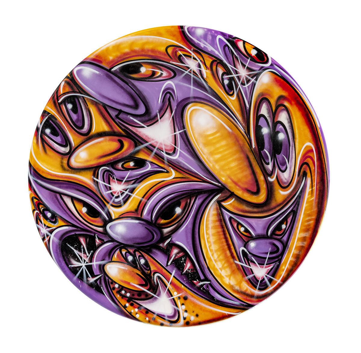Kenny Scharf, PORANGES!, 2023, Spray paint on canvas, 177.8 cm in diameter, Valeriola Private Collection, © Kenny Scharf. Courtesy of the artist and Almine Rech