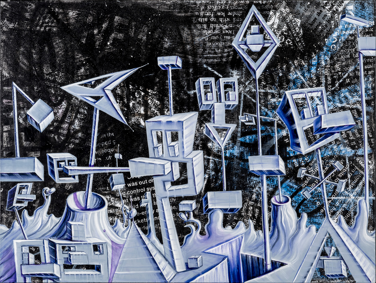 Kenny Scharf, DARKSOUTH, 2025, Oil, acrylic, screen-printing ink, and spray paint on linen, 91.4 × 121.9 cm, © Kenny Scharf. Courtesy of the artist and Almine Rech