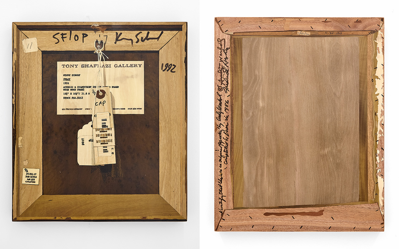 Left: Michael Bühler-Rose, Verso (Kenny Scharf, SFLOP, 1992), 2026, Wood Intarsia/Inlay: Light Teak, Dark Champa, Aale, Ebony and Orange Fruit Woods, 45.7 x 40.3 x 2.5 cm | 18 x 15.9 x 1 in, © Michael Bühler-Rose, Courtesy the artist and George Benias Gallery Right: Michael Bühler-Rose, Verso (Andy Warhol, Marilyn, 1979-1986), 2026, Wood Intarsia/Inlay: Indian Lilac, Satran, Dark Champa and Slate Matti Woods, 41.2 x 50.8 x 2.5 cm | 16.25 x 20 x 1 in, © Michael Bühler-Rose, Courtesy the artist and George Benias Gallery