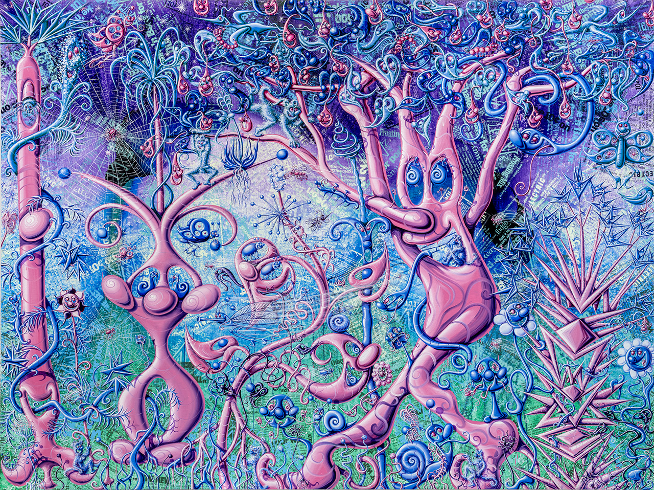 Kenny Scharf, JUNGLA JUGOSA!, 2026, Oil, acrylic, and screen-printing ink on canvas, 274.3 × 365.8 cm, © Kenny Scharf. Courtesy of the artist and Almine Rech
