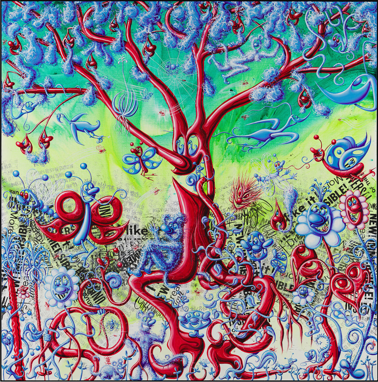 Kenny Scharf, Junglematic, 2023, Oil, acrylic, and screen-printing ink on canvas, 213.4 × 213.4 cm, Collection of Blanca and Borja Thyssen-Bornemisza, © Kenny Scharf