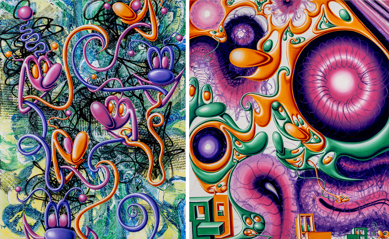 Left: Kenny Scharf, INFO MATION, 2024, Oil, acrylic, spray paint, and screen-printing ink on linen, 228.6 × 177.8 cm, © Kenny Scharf. Courtesy of the artist and Almine Rech Right: Kenny Scharf, SPHERIKZ, 2025, Oil on linen, 182.9 × 152.4 cm, © Kenny Scharf. Courtesy of the artist and Almine Rech