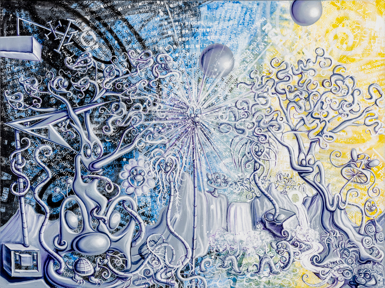 Kenny Scharf, TWILIGHTZONE, 2025, Oil, acrylic, screen-printing ink, and spray paint on linen, 91.4 × 121.9 cm, © Kenny Scharf. Courtesy of the artist and Almine Rech