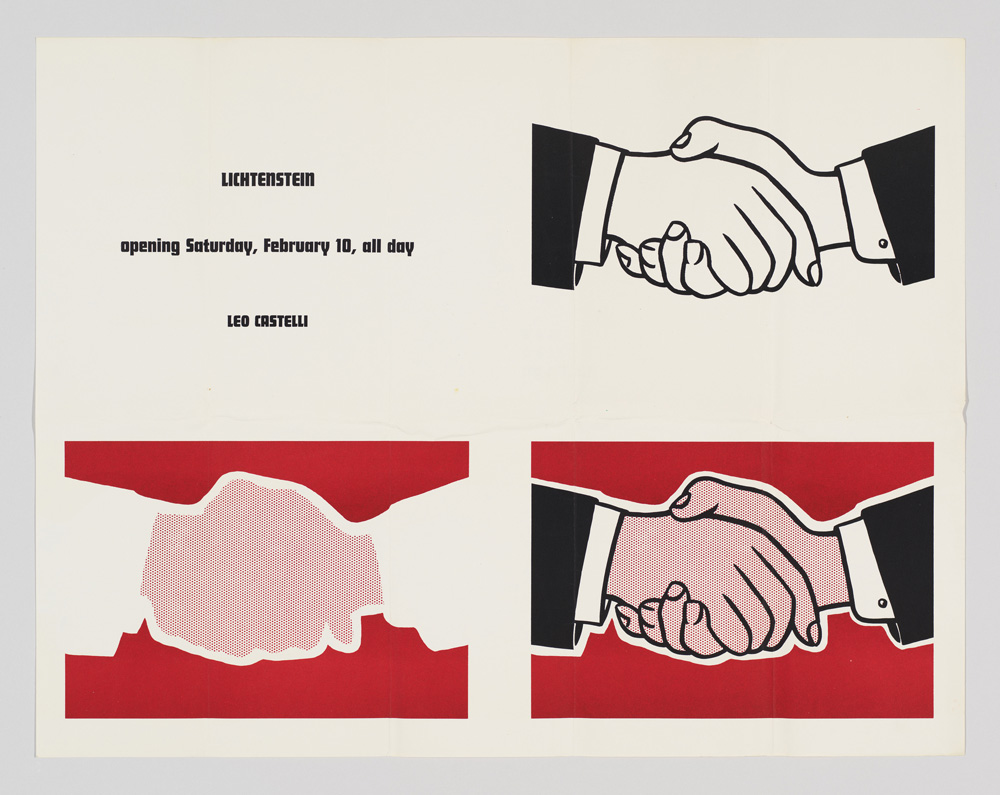 Roy Lichtenstein, Castelli Handshake Poster, 1962. Offset lithograph, 21 7/8 x 17 in. (55.6 x 43.2 cm). Frances Mulhall Achilles Library and Archives, Whitney Museum of American Art, New York; gift of the Roy Lichtenstein Foundation SC.2019.41 © Estate of Roy Lichtenstein/DACS 2026