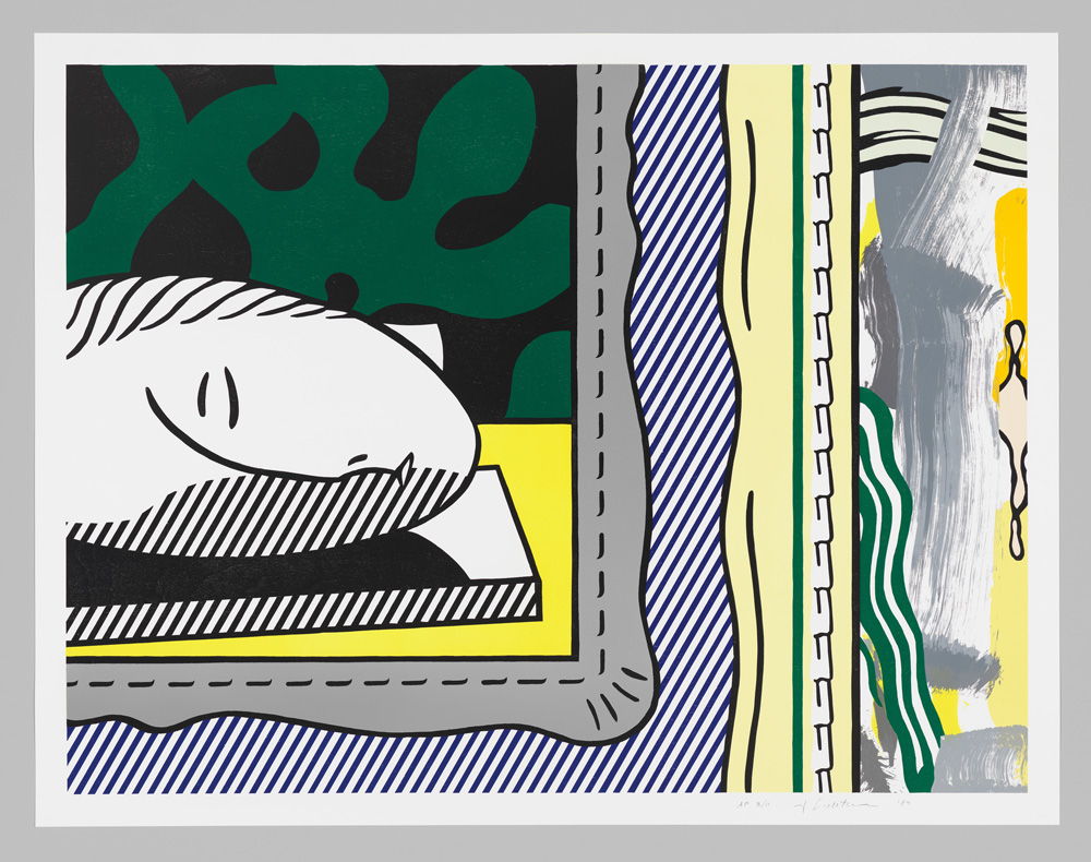 Roy Lichtenstein, Two Paintings: Sleeping Muse, 1984. Woodcut, lithograph, screenprint, and collage on paper, 37 7/8 × 48 13/16in. (96.2 × 124 cm). Whitney Museum of American Art, New York; gift of the Roy Lichtenstein Foundation 2019.164. © Estate of Roy Lichtenstein/DACS 2026