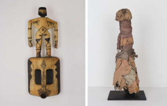 Left: Jacques Yves Bruel (1948–2010), Mask – Man, 1986, plastic and bitumen, unfolded 5-litre container, 57 × 20 × 14 cm Right: Jacques Yves Bruel (1948–2010), Anonymous Fishmongers, Paris, 18th Century, roll of carpeting used by Paris municipal road maintenance workers (cotton, twine and steel), 60 × 25 × 20 cm