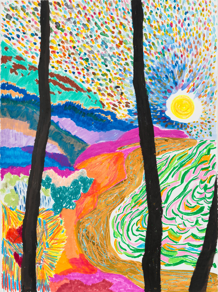 Shara Hughes, Sundown, 2025, 76 × 56 cm, Mixed media on paper, Courtesy of the artist and Galerie Eva Presenhuber, Zurich/Vienna © Shara Hughes, Photo: JSP Art Photography