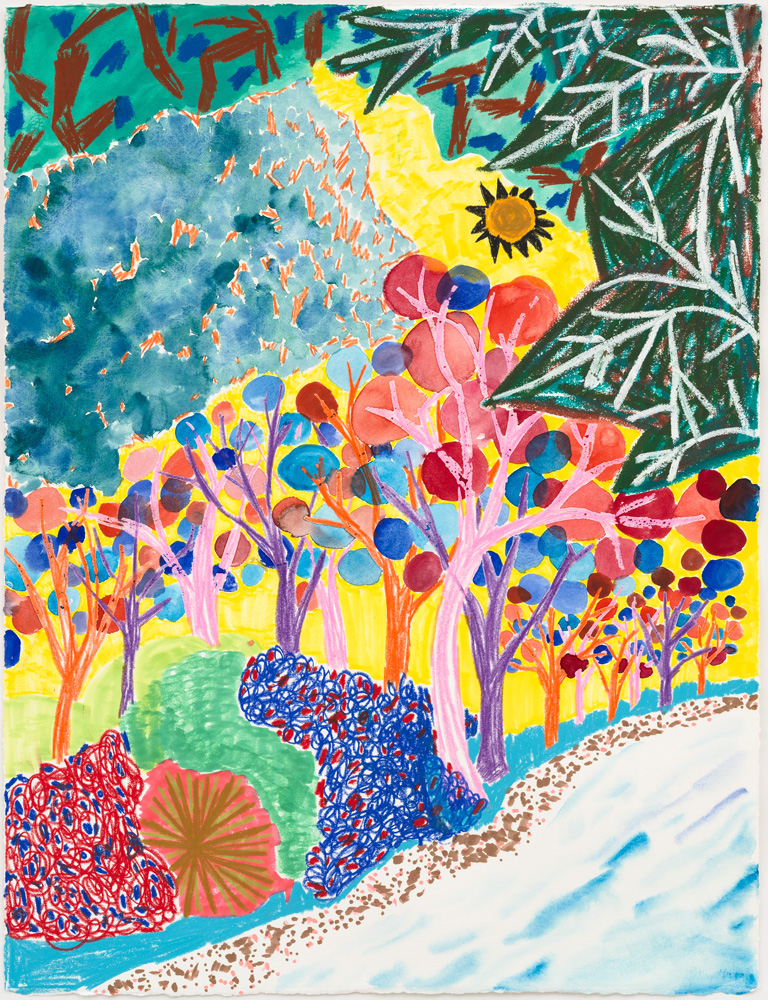 Shara Hughes, Suns Rules, 2025, 66 × 51 cm, Mixed media on paper, Courtesy of the artist and Galerie Eva Presenhuber, Zurich/Vienna © Shara Hughes, Photo: JSP Art Photography