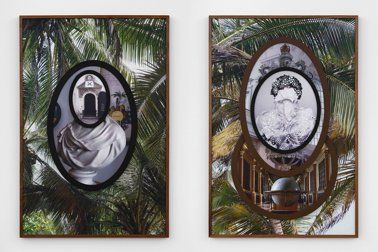 Left: Todd Gray Paradox of Liberty (Monticello, Elmina, Akwidaa), 2026, Three UV pigment prints on Dibond in artist's frames, 140 x 94.3 x 6.7 cm | 55 1/8 x 37 1/8 x 2 5/8 inches, © Todd Gray, Courtesy the artist and Perrotin Gallery Right: Todd Gray Paradox of Liberty, St. Marienkirche (Fontainebleau, Berlin, Akwidaa), 2026, Four UV pigment prints on Dibond, in artist's frames, acrylic, 140 x 94 x 8.9 cm | 55 1/8 x 37 x 3 1/2 inches, © Todd Gray, Courtesy the artist and Perrotin Gallery