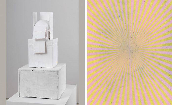 Left: Cy Twombly, Untitled (Lexington), 2009, © Cy Twombly Foundation, Photo: Rob McKeever, Gagosian Gallery Archive. Right: Mark Grotjahn, Untitled (Deco Pink and Lemon Yellow Butterfly 45.95), 2016, © Mark Grotjahn, Photo: Douglas M. Parker Studio, Gagosian Gallery Archive