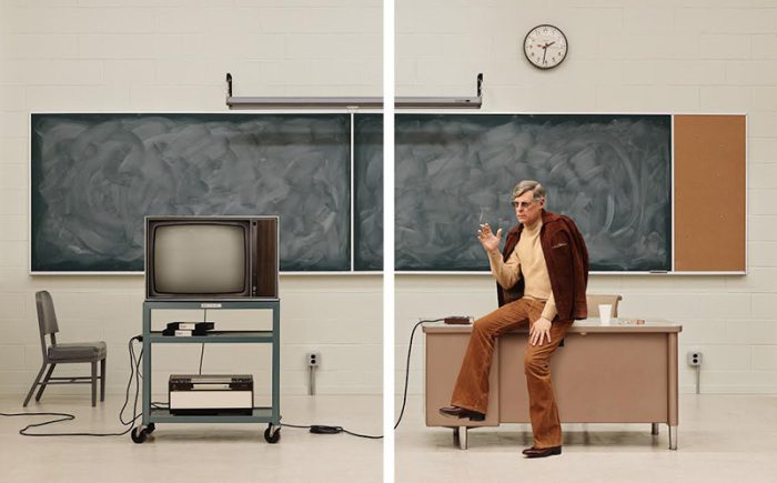 Rodney Graham, Media Studies ’77, 2016, Two painted aluminum lightboxes with transmounted chromogenic transparencies, Each panel: 232.2 x 182 x 17.8 cm, Installed dimensions: 232.2 x 376 x 17.8 cm, © Rodney Graham, Courtesy the artist and Hauser & Wirth