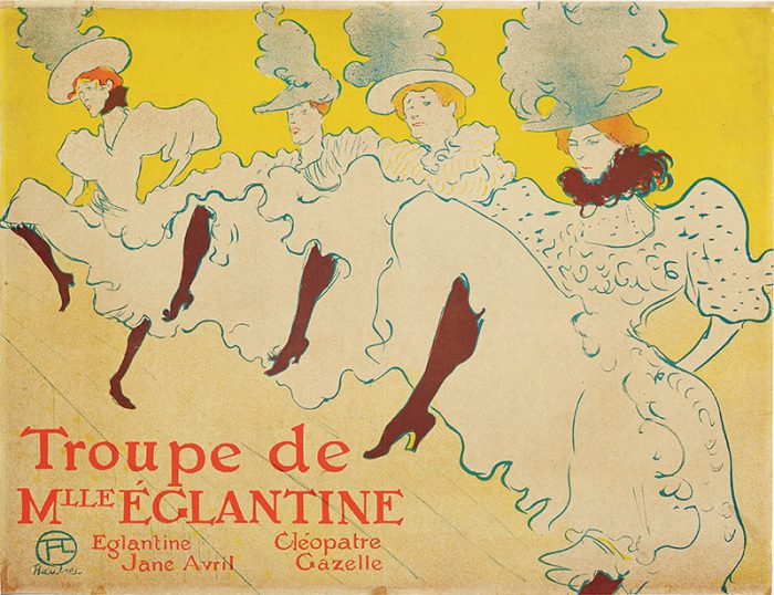 Henri de Toulouse-Lautrec, Mademoiselle Églantine’s Troupe, 1895–96, Brush, spatter, and crayon lithograph, printed in three colors, Key stone printed in turquoise, color stones in red and yellow on wove paper, 24 5⁄16 × 31 5⁄8 in, Private collection, Courtesy The Phillips Collection