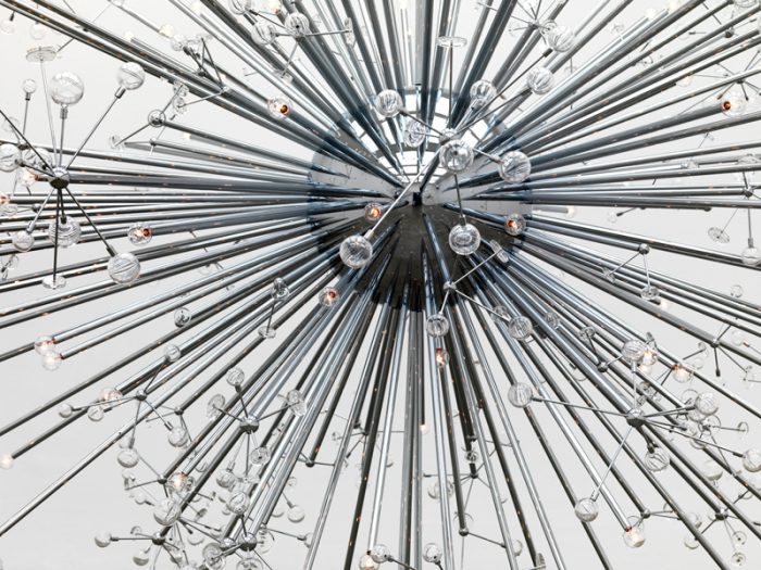 Josiah McElheny, Island Universe, 2008, Chrome plated aluminium, hand-blown and molded glass, electric lighting and rigging, Heights from floor highly specific, overall dimensions variable, © Josiah McElheny, Photo © Stephen White, Courtesy White Cube