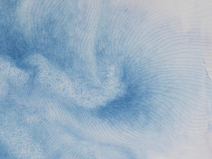 Shirazeh Houshiary, Meander (Detail), 2016, pencil and pigment on white aquacryl on canvas and aluminum, 120 x 120 x 5.1 cm, Courtesy the artist and Lehmann Maupin, New York and Hong Kong.