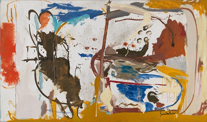 Helen Frankenthaler, First Creatures, 1959, Oil, enamel, charcoal, and pencil on sized, primed linen, 164.5 × 281.9 cm, Photo: Rob McKeever, © 2017 Helen Frankenthaler Foundation, Inc./Artists Rights Society (ARS)-New York, Gagosian Gallery Archive