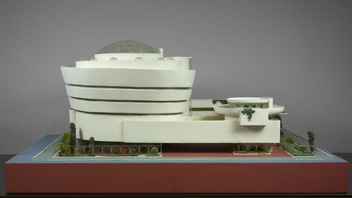 Frank Lloyd Wright, Solomon R. Guggenheim Museum, New York,1943–59. Model. Painted wood, plastic, glass beads, ink, and watercolor on paper, 71.1 x 157.5 x 111.8 cm, The Frank Lloyd Wright Foundation Archives (The Museum of Modern Art | Avery Architectural & Fine Arts Library, Columbia University, New York)