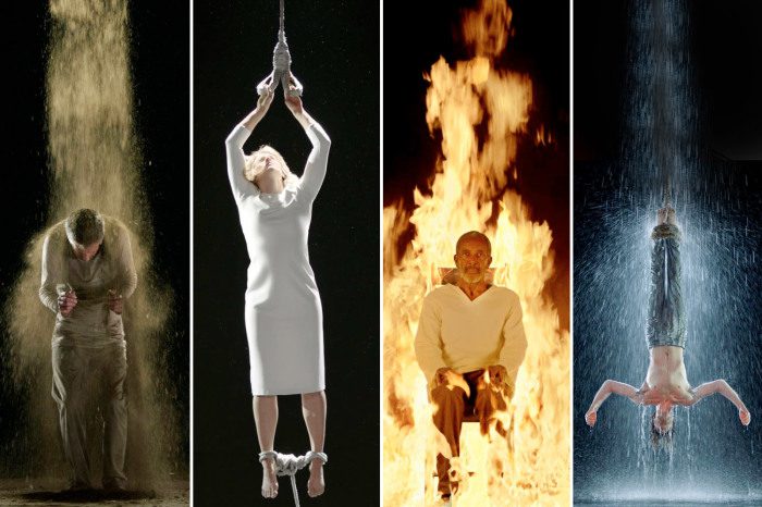 Bill Viola: Earth Martyr, Air Martyr, Fire Martyr and Water Martyr, 2014, Four individual Colour High-Definition videos on flat panel displays mounted vertically on wall, © Kira Perov, Courtesy of Bill Viola Studio