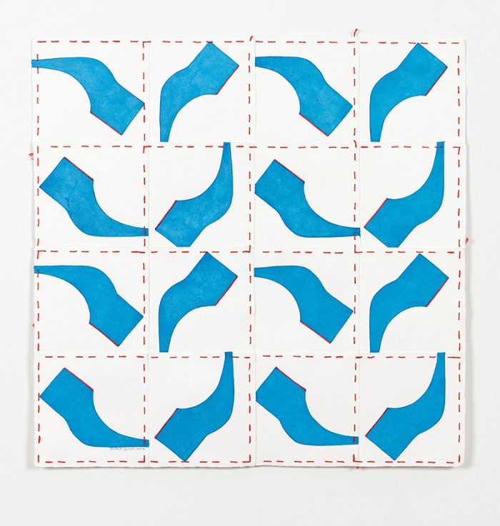 Pouran Jinchi, M Morse code, 2016, Ink on paper and embroidery floss, 44.5 x 44.5 cm, Photo: Brian Buckley, Third Line Gallery