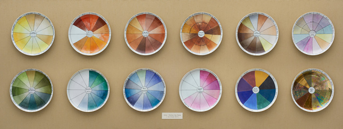 Judy Chicago, China-painting Color Test Plates from The Dinner Party, 1974, Porcelain and China paint, twelve plates, 88.3 x 213.4 x 20.3 cm, Brooklyn Museum, Gift of the artist, 2014.71, © 2017 Judy Chicago / Artists Rights Society (ARS)-New York. Photo: Jonathan Dorado, Brooklyn Museum