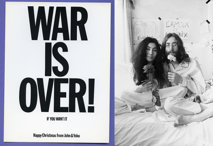 Yoko Ono, War Is Over if you want it", 1969, Poster, ©Yoko Ono. Right: Yoko Ono and John Lennon, Montreal Bed-In, 1969, Photo: Ivor Sharp, ©Yoko Ono