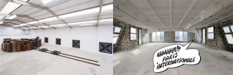 Left: Jannis Kounellis, Senza Titolo 2015, Wardrobes, trunks, beams, sheet metal, coal, coal carts, 2 x 24 x 9 m, Installation view at GALLERIA CONTINUA / Les Moulins. Courtesy GALLERIA CONTINUA San Gimignano / Beijing / Les Moulins / Habana, Photo: Oak Taylor-Smith. Right: Paris Internationale 2017