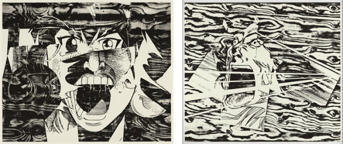 Left: Christian Marclay, Scream (Curls), 2017, Woodcut, 81 x 98 cm, 88.9 x 106 x 4.5 cm)(framed, Photo: White Cube (Ben Westoby). Right: Scream (Big Mouth), 2017, Woodcut, 121 x 134.5 cm, 129.4 x 143.6 x 5.3 cm (framed), Photo: White Cube (Ben Westoby)