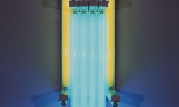 Dan Flavin, untitled (to Lucie Rie, master potter) 1rrr [Detail], 1990, blue, green, yellow, and pink fluorescent light, 183 cm high, 61 cm deep, © Stephen Flavin / Artists Rights Society (ARS)-New York, Image Courtesy Rubin/Spangle Gallery