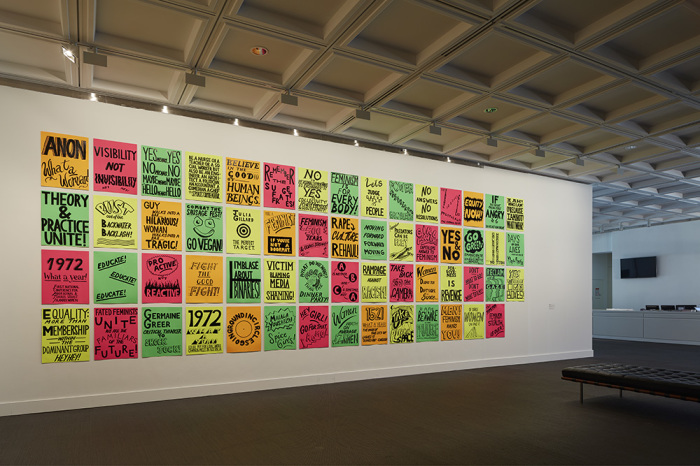 Kelly Doley, Things learnt about feminism #1 - #95(detail), 2014, Ink on 220 gsm card, 95 sheets, each 60.0 x 52.0 cm, Cruthers Collection of Women's Art, The University of Western Australia, Photo: Robert Frit