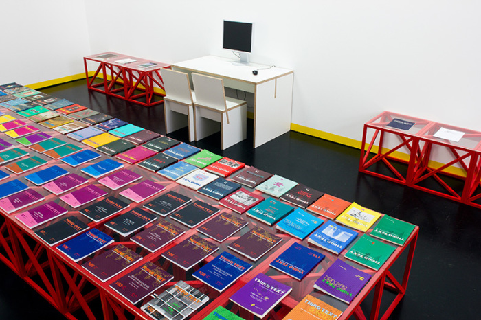 Rasheed Araeen, The Reading Room, 2017, Steel and glass tables, wooden stools, and copies of Third Text journal, Courtesy the artist, Photo: Steffen Harms, ©Photo: Steffen Harms / ZKM Karlsruhe, Van Abbemuseum Archive