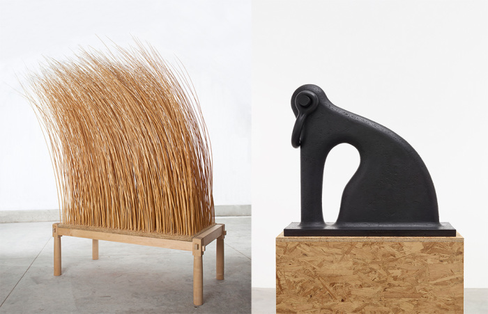 Left: Martin Puryear, Night Watch, 2011, Maple, willow, OSB board, 295 x 310 x 122 cm, Glenstone Museum-Potomac/MD, Photo: Christian David Erroi, © Martin Puryear, Courtesy Matthew Marks Gallery. Right: Martin Puryear, Shackled, 2014, Iron, 70 x 78 x 21.3 cm, Collection of the artist, Photo: Ron Amstutz, © Martin Puryear, Courtesy Matthew Marks Gallery