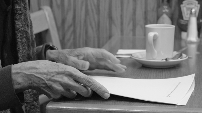 Adam Pendleton, Just Back from Los Angeles: A Portrait of Yvonne Rainer (Video Still), 2016–17, Single-channel B&W video with sound, 13:51 min, Dimensions variable, Courtesy the artist, MIT List Visual Arts Center Archive