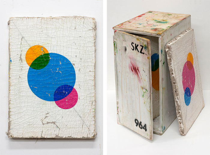 Left: Dan Levenson, Silva Girsperger, 2018, Oil on linen, 42 x 28 cm, Courtesy the artist and Praz-Delavallade Gallery. Right: Dan Levenson, SKZ Student Painting Storage Box Number 964, 2018, Paint on plywood, 50 x 25 x 36 cm, Courtesy the artist and Praz-Delavallade Gallery,