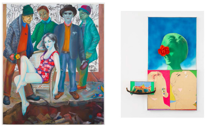 Left: Martial Raysse, NOW, 2017, acryl on canvas, 209 x 175.5 cm, Lévy Gorvy Gallery Archive. Right: Martial Raysse, Portrait de Gabriella la jolie vènetienne, 1963, mixed media on canvas, 88 x 62 x 9.5 cm, Lévy Gorvy Gallery Archive