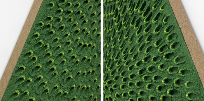 Left &Right: Jennifer Guidi, The Priestess (Green and Light Green MT, Green Sand SF #1T, Green Ground), 2018 Sand, acrylic and oil on linen 76 x 76 x 76 inches 193 x 193 x 193 cm, Courtesy the artist