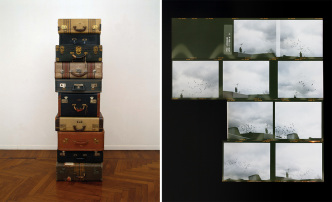 Left: Installation view of Zoe Leonard, Robert, 2001, ten suitcases, 185 × 54.6 × 50.8 cm), Courtesy of Museion Foundation-Bozen, Galleria Raffaella Cortese-Milan, and Collection Enea Righi-Italy. Right: Zoe Leonard, Roll #11, 2006/2016, C-print, 55.9 x 47 cm, Courtesy of the artist, Galerie Gisela Capitain-Cologne, and Hauser & Wirth-New York