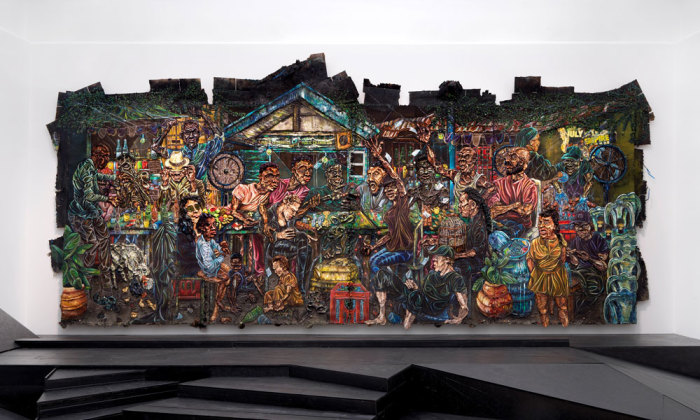 Raquel van Haver, We do not sleep as we parade all through the Night..., 2018. Oil on burlap, homemade paint, cardboard, tar, plastic, charcoal, chalk, gel, resin, hair, posters, paper, telephones, beer caps, ash, cigarettes, beads, rolling paper and tip. Courtesy the artist. Photo: Gert Jan van Rooij