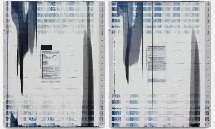 Studio for Propositional Cinema, & faintly heard (as it sinks, slowly): A Band of Rats; A Gust of Wind; A Copper-gleaner; A Pane of Glass, 2017, Ink on four sets of two offset printing plates, 74.0 × 60.0 cm, © Studio for Propositional Cinema, Courtesy the artists and Tanya Leighton Gallery