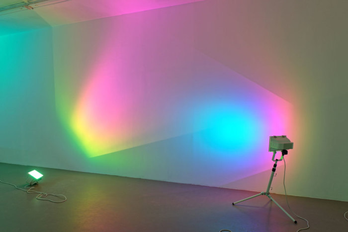 Ann Veronica Janssens, Hot Pink Turquoise, 2006, Two halogen spotlights with dichroic filter, variable dimensions, Exhibition view: mars, Institut d’Art Contemporain, Villeurbanne/Rhône-Alpes, 2017, Courtesy the artist, Institut d'Art Contemporain, Villeurbanne/Rhône-Alpes and kamel mennour-Paris/London, Photo © Blaise Adilon