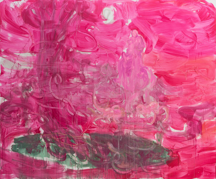 Rebekka Steiger, Late arrivals at desert hotel, 2018, Oil and tempera on canvas, 250 × 300 cm, Courtesy the artist and Galerie Urs Meile-Beijing/Lucerne