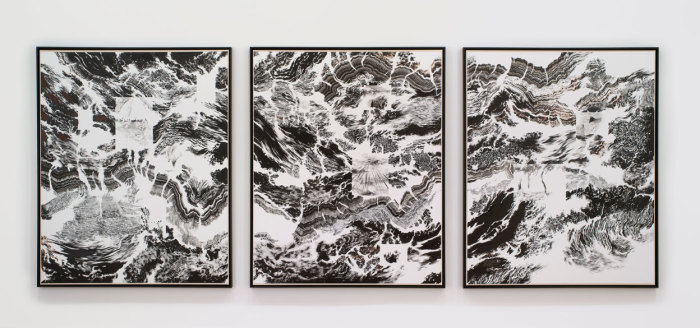 Abdelkader Benchamma, Engramme, 2019, Ink, asphalt and paint on paper, Triptych, Each panel 200 x 150 cm, Photo: B. Huet/ Tutti, © Abdelkader Benchamma, Courtesy Templon-Paris & Brussels