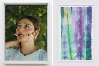 Left: Torbjørn Rødland, Buy for Me the Wind, 2019, Chromogenic print, 48.3 x 36.8 cm, framed: 50.2 x 38.7 x 3.8 cm, Edition of 3 with 1 AP, © Torbjørn Rødland, Courtesy the artist and David Kordansky Gallery. Right: Sam Gilliam, Construct, 2018, acrylic on rice paper, 116.8 x 71.1 cm, framed: 124.5 x 78.7 x 3.8 cm, © Sam Gilliam, Courtesy the artist and David Kordansky Gallery
