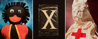 Left: Andres Serrano, “Black Dolls - Larry” Vintage Rag Doll (Infamous), 2019, Pigment print, back-mounted on dibond, wooden frame, 115,6 x 96,5 cm, Edition of 7 + 2 AP, © Andres Serrano, Courtesy the artist and Galerie Nathalie Obadia. Center” Andres Serrano, “Malcolm X - Car Air Freshener” Circa 1970’s (Infamous), 2019, Pigment print, back-mounted on dibond, wooden frame, 115,6 x 96,5 cm, Edition of 7 + 2 AP, © Andres Serrano, Courtesy the artist and Galerie Nathalie Obadia. Right: Andres Serrano, ““Klan Spirit II” 1930’s Ku Klux Klan Robe and Hood (Infamous), 2019, Pigment print, back-mounted on dibond, wooden frame, 115,6 x 96,5 cm, Edition of 7 + 2 AP, © Andres Serrano, Courtesy the artist and Galerie Nathalie Obadia