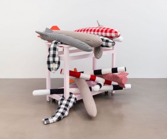 Cosima von Bonin, Au Pairs, 2018, Cotton and wool covering cardboard, wooden table, 139.7 x 182.9 x 213.4 cm, © Cosima von Bonin, Courtesy the artist and Marianne Boesky Gallery