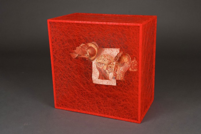 Chiharu Shiota, State of Being (Anatomy Book), 2020 , Metal frame, anatomy book and thread, 50 x 50 x 30 cm, © Chiharu Shiota, Courtesy the artist and Galerie Templon