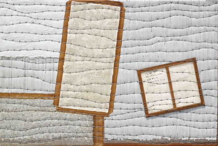 Ha Chong-Hyun, Conjunction 08-101, 2008, oil on canvas, wood, barbed wire, © Ha Chong-Hyun, Courtesy the artist and Blum & Poe Gallery
