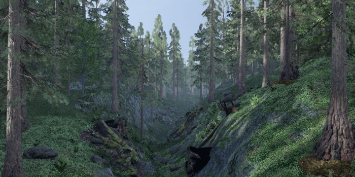 Grant Stevens, Below the mountains and beyond the desert, a river runs through a valley of forests and grasslands, towards an ocean (digital render), 2020, procedurally generated computer graphics with sound, multiple display formats (1-3 video channels), infinite duration, Courtesy of the artist and Sullivan + Strumpf, Sydney, Originally commissioned by UTS (The University of Technology Sydney), assisted by Max Warlond, 3D Artist