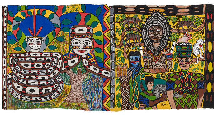 Coletivo Mahku, Yube Nawa Aīnbu (A mulher do povo jiboia, canto de chamar a força), 2018, acrylic paint on fabric, © & Courtesy the artists