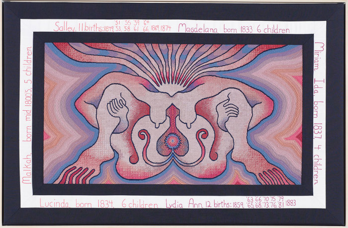 Judy Chicago, The Crowning 4, 1984, Painting on 18 mesh canvas by Judy Chicago with Lynda Healy; needlepoint by Frannie Yablonsky. 40 1/2 x 61 1/2 in. (102.9 x 152.4 cm). © Judy Chicago / Artists Rights Society (ARS), New York. Photograph by Jorge Bachman, courtesy of the Fine Arts Museums of San Francisco